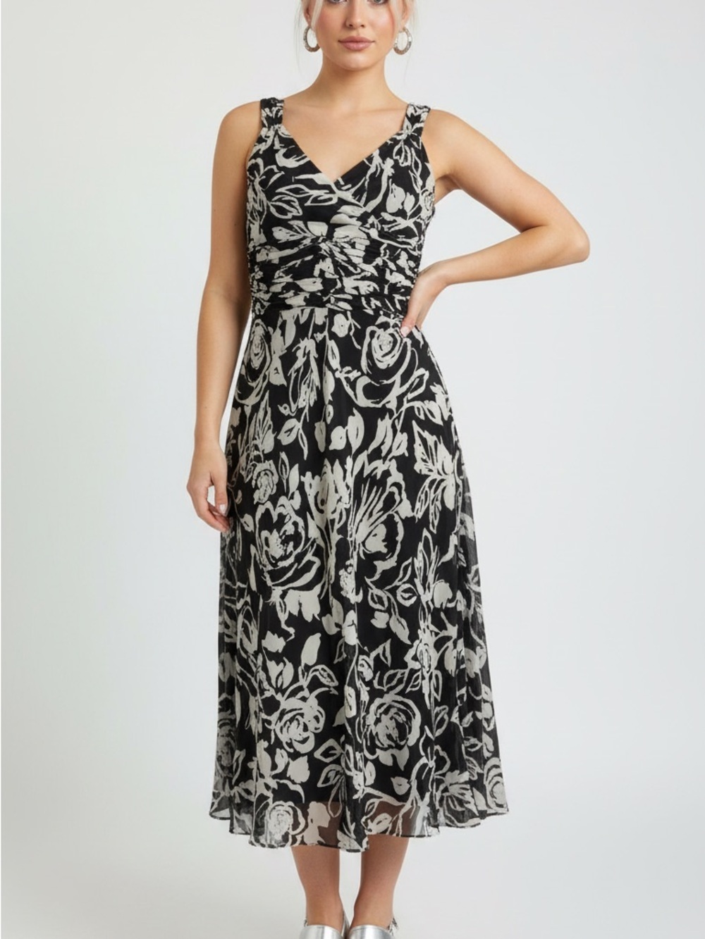 Ann Taylor Black and Cream Floral Wrap-Style Midi Dress